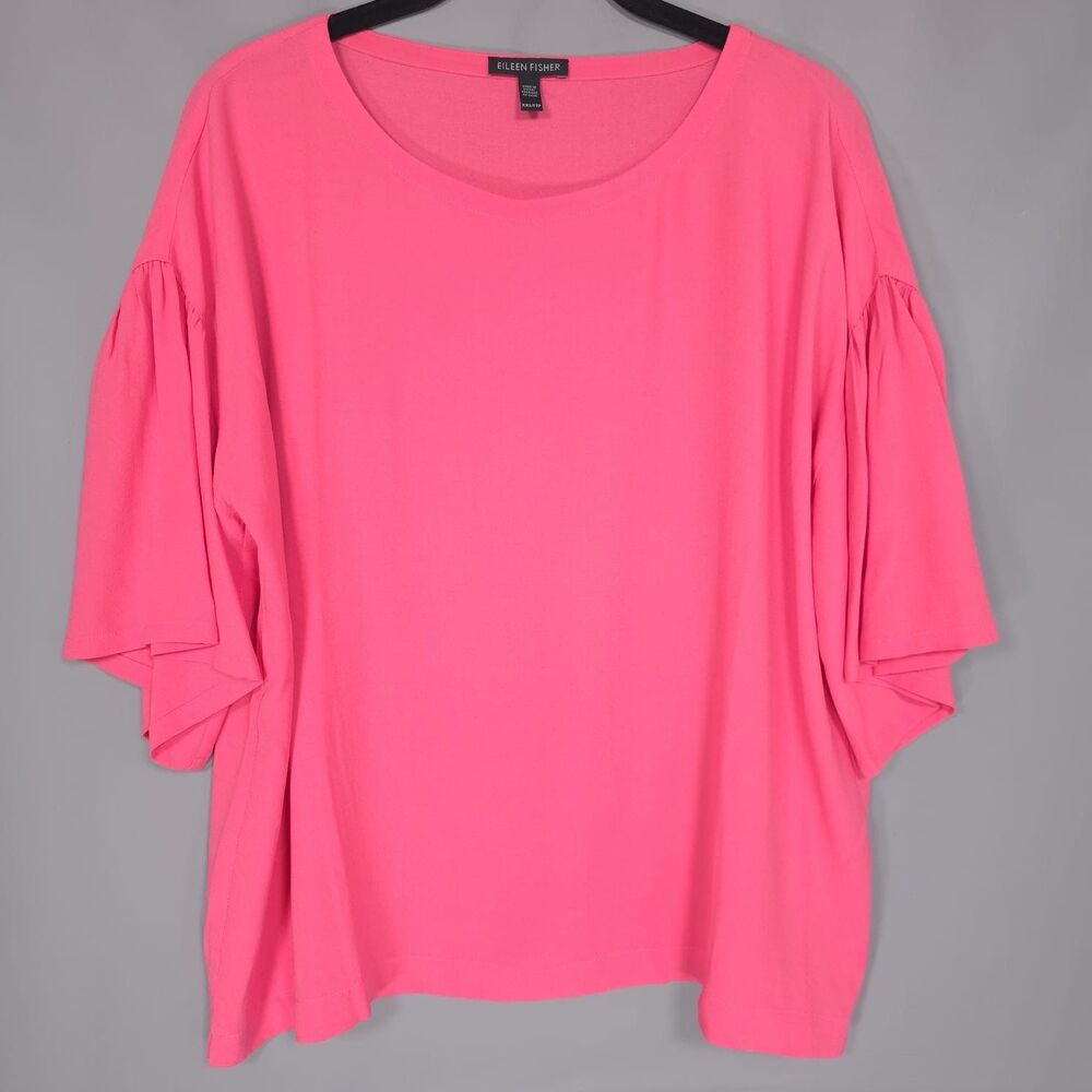 EILEEN FISHER Top XXS/TTP 100% SILK Georgette Pink Ruffle Elbow Sleeve R18GC1
